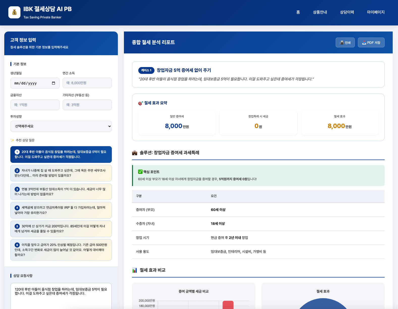 IBK 절세상담 AI PB 프로토타입 - 종합 절세 분석 리포트 화면